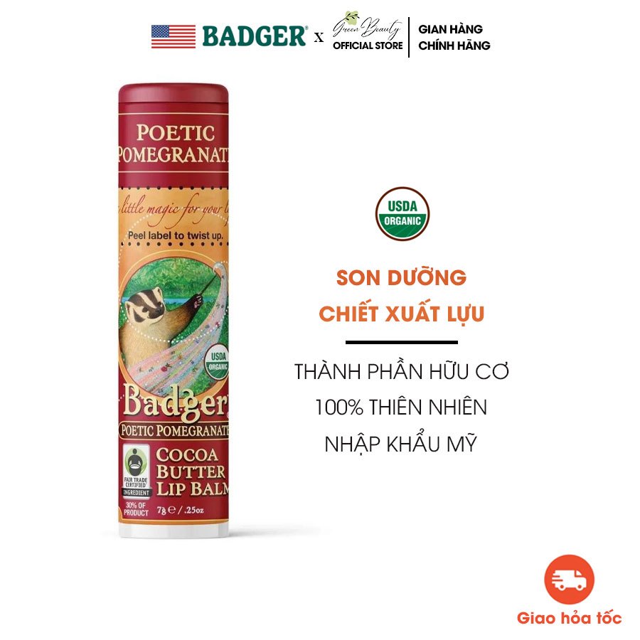 Son Dưỡng Chiết Xuất Lựu Hữu Cơ USDA Organic Làm Dịu Môi Poetic Pomegranate BADGER Cocoa Butter Lip Balm 7g Nhập Khẩu Mỹ