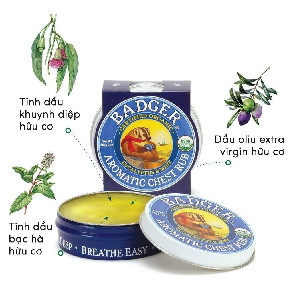 Sáp Dầu Ấm Ngực Giảm Ho Nghẹt Mũi Thành Phần Hữu Cơ An Toàn Lành Tính Cho Bé, Trẻ Sơ Sinh BADGER Organic Chest Rub Balm