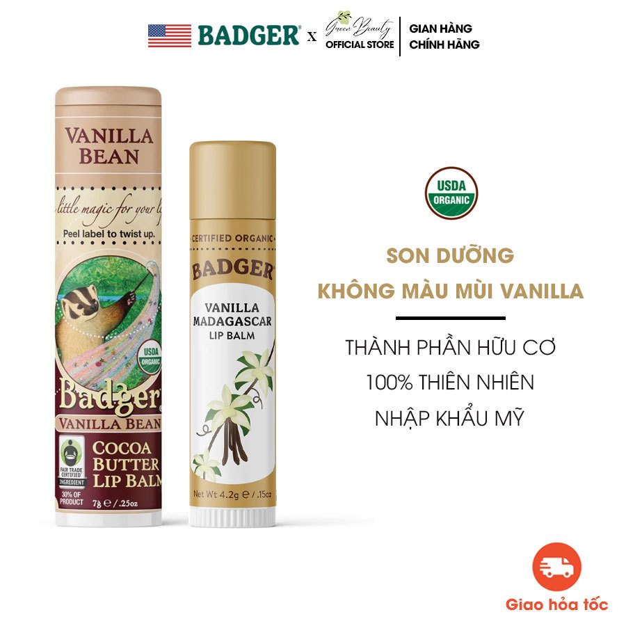 Son Dưỡng Hữu Cơ Mềm Dịu Môi Vanilla Bean Cocoa Butter BADGER USDA Organic Lip Balm Thiên Nhiên An Toàn Mẹ Bầu Em Bé
