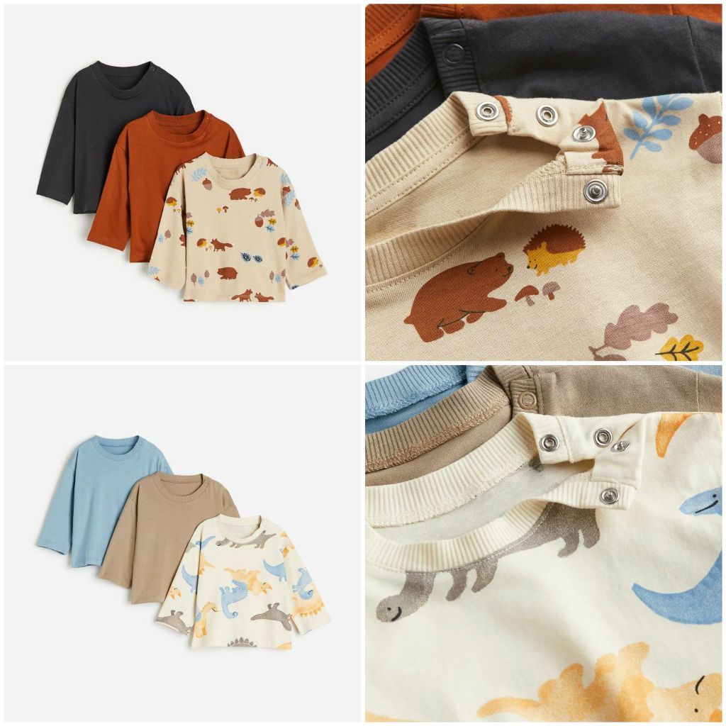 Set 3 áo dài tay động vật khủng long 1154023003 HM H&M_hàng chính hãng authentic