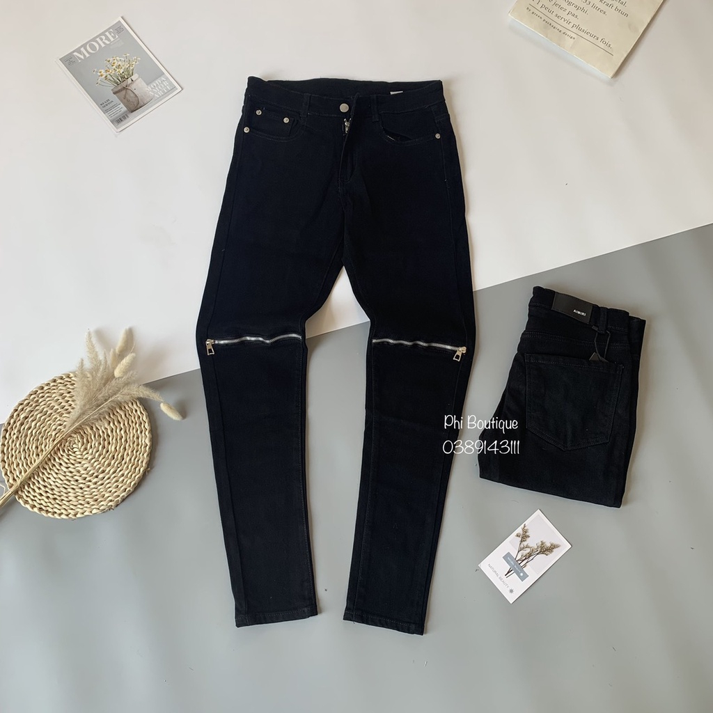Quần Jean Nam Đen Trơn Phối Khoá Kéo Gối Dáng Slim Fit