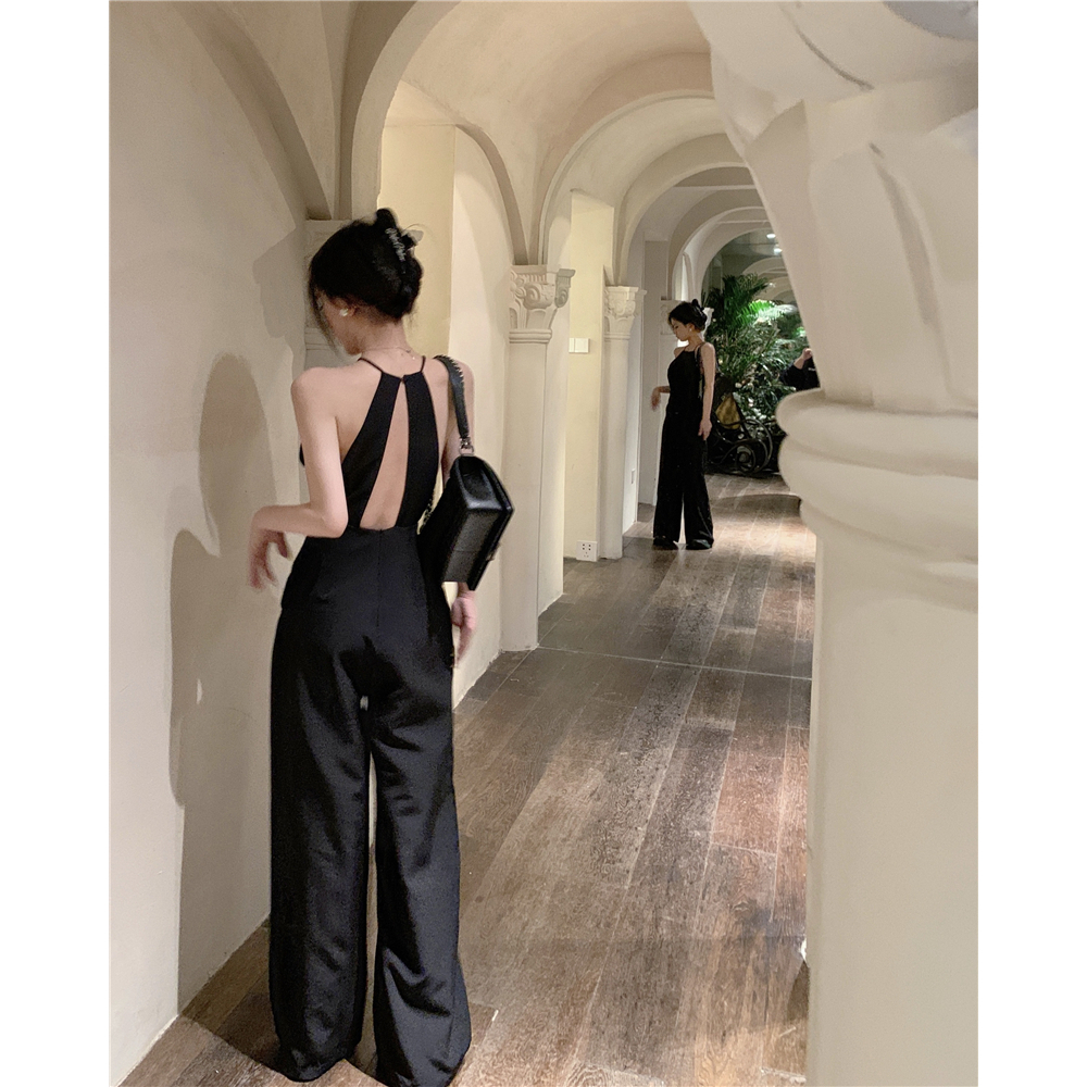 Jumpsuit đen dáng dài cố yếm khoét lưng - MS237