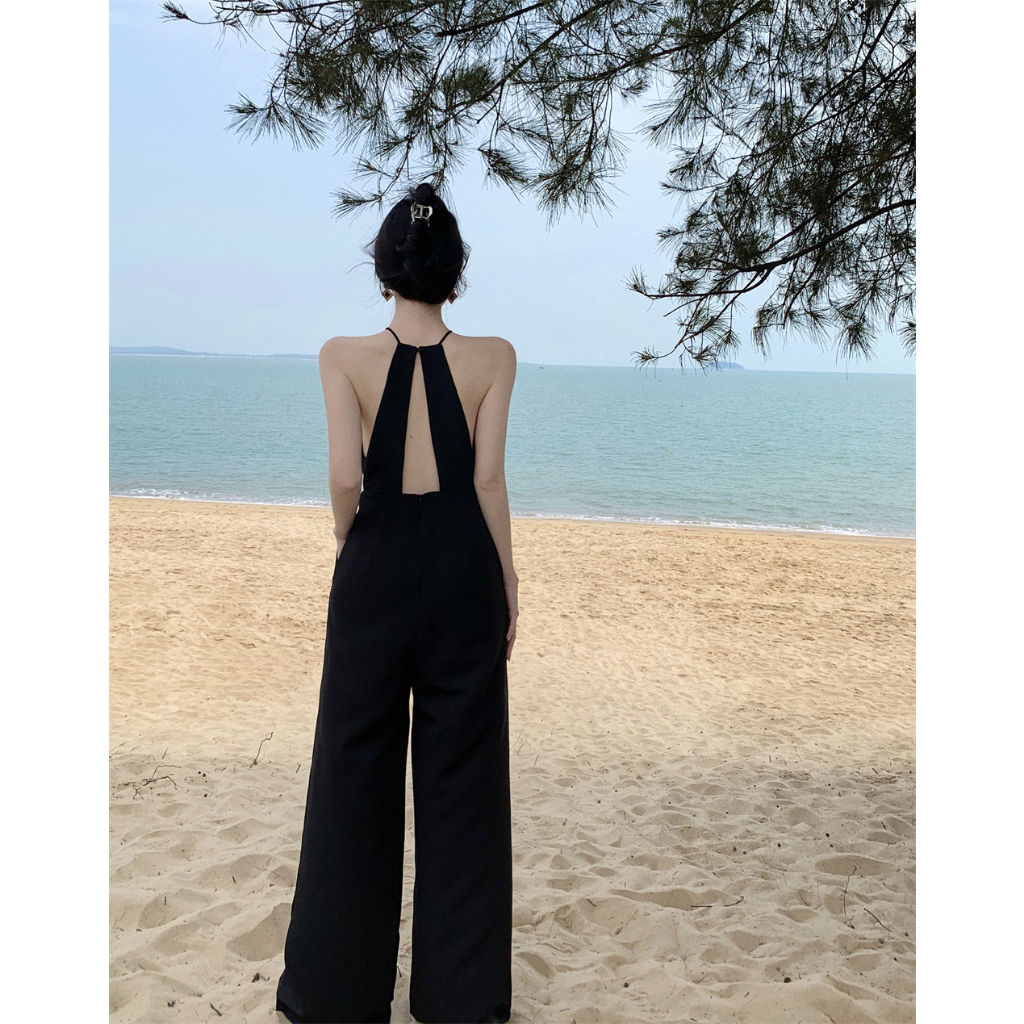 Jumpsuit đen dáng dài cố yếm khoét lưng - MS237