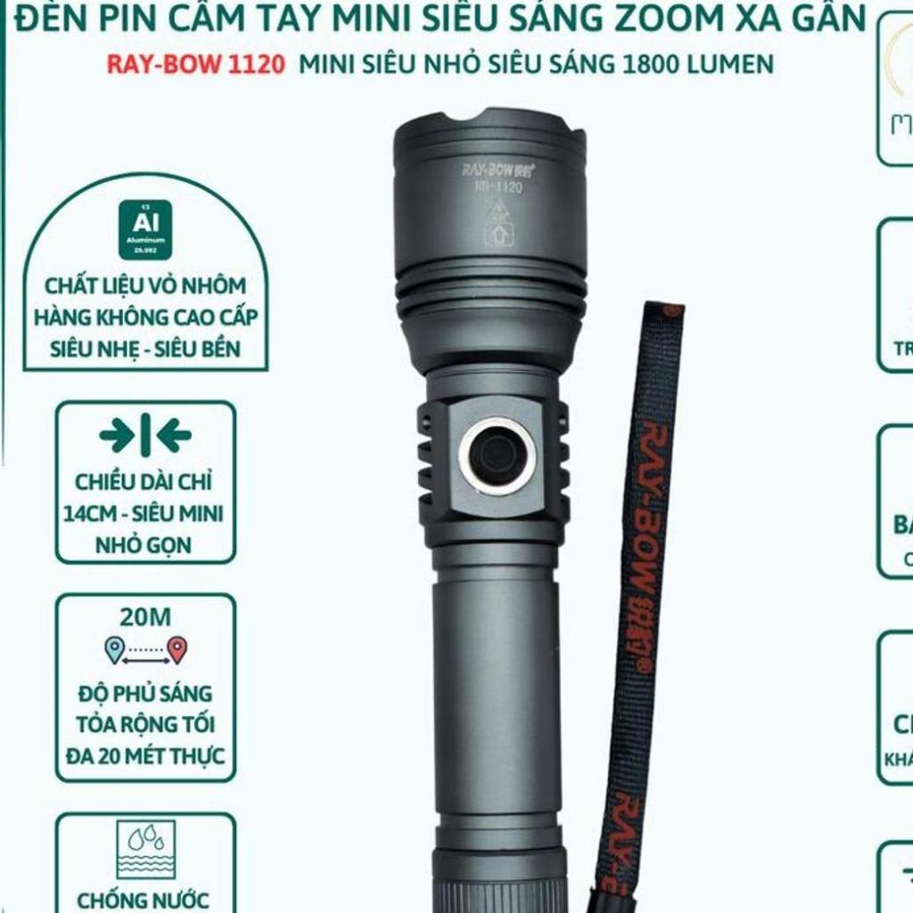 Đèn pin cầm tay mini siêu sáng RAYBOW 1120 vỏ nhôm chống nước chip led LAZER siêu sáng 10W