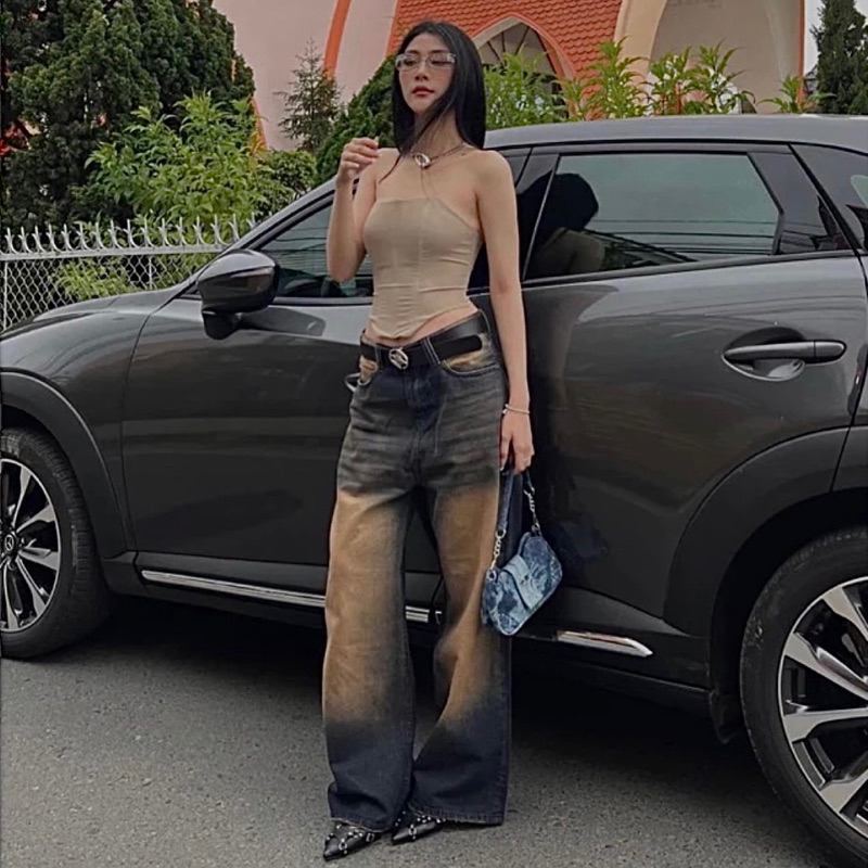 NÂU VÀNG TRƠN/RÁCH - QUẦN JEANS WASH  VINTAGE RÁCH GỐI ỐNG RỘNG PHỦ GÓT - HALO KAKI -
