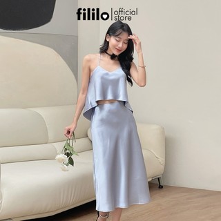Set Chân Váy Lụa Dài A Midi và Áo Hai Dây Croptop Lưng Đổ FILILO Vải Lụa Thiết Kế Chuẩn Form Cao Cấp