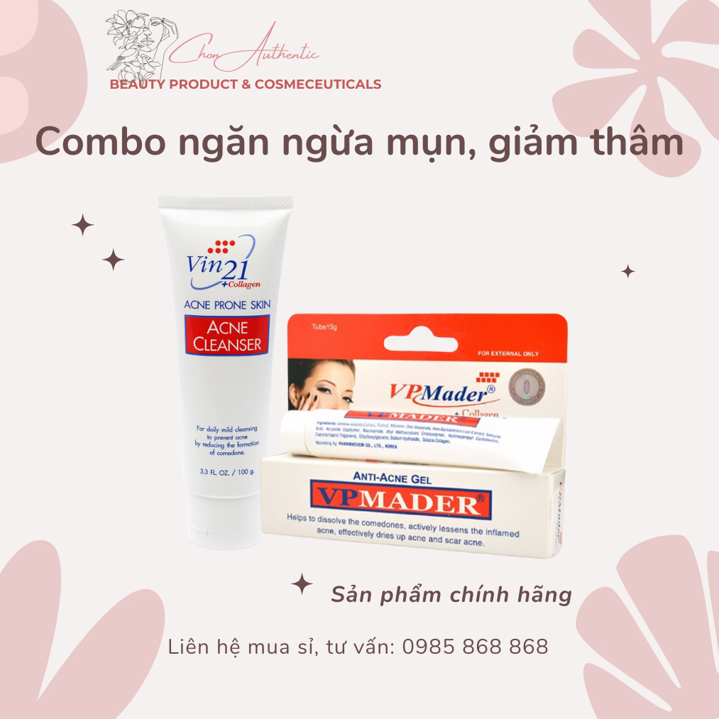 COMBO GIẢM MỤN NGỪA THÂM TIẾT KIỆM Sữa rửa mặt VIN 21 + VP Mader