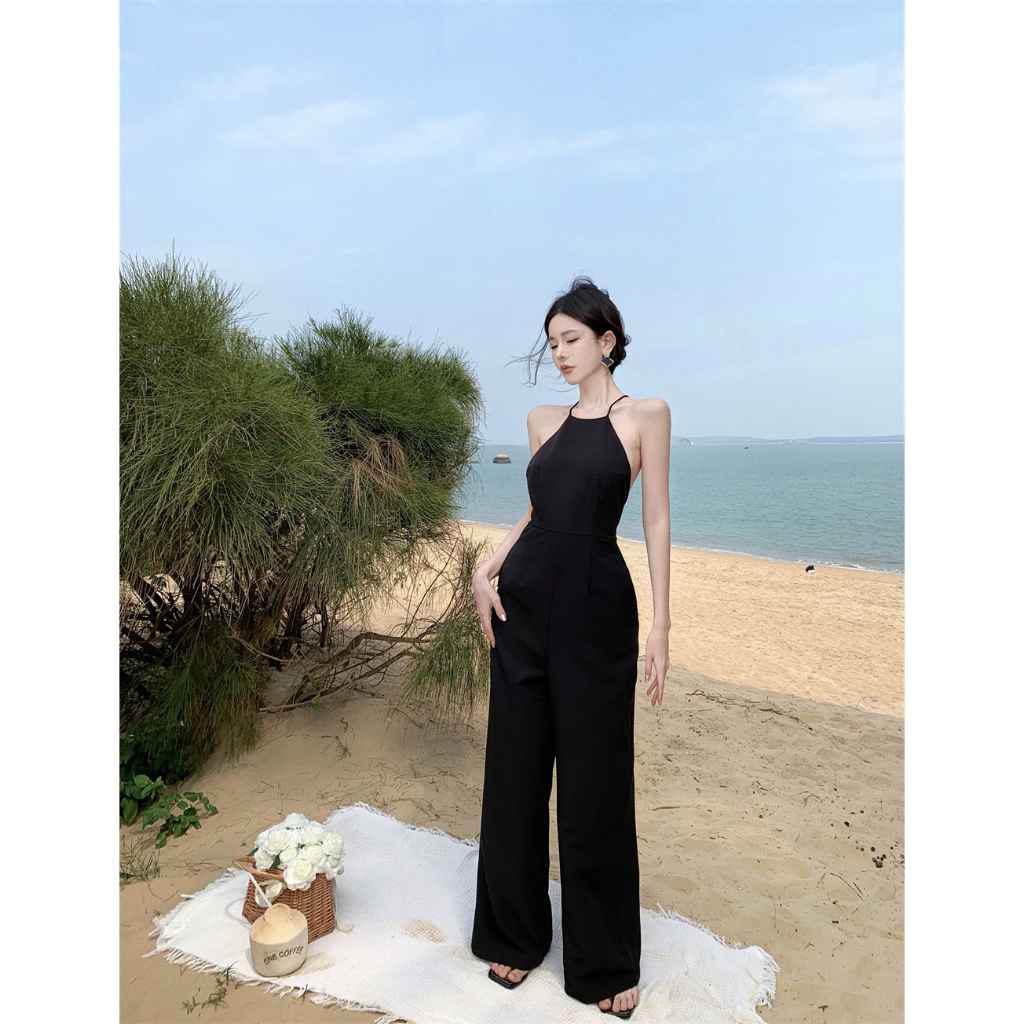 Jumpsuit đen dáng dài cố yếm khoét lưng - MS237