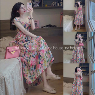 Đầm hoa nhí cánh tiên dáng dài đi chơi đi biển dạo phố Nahouse váy maxi voan bo chun eo ngực thiết kế đẹp xinh xịn sang