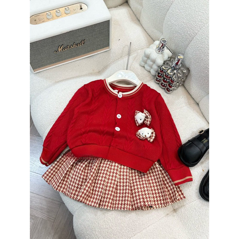Váy bé gái, set váy thu đông bé gái áo len thừng gắn 2 áo kèm chân váy dạ xếp ly size bé 10-30kg