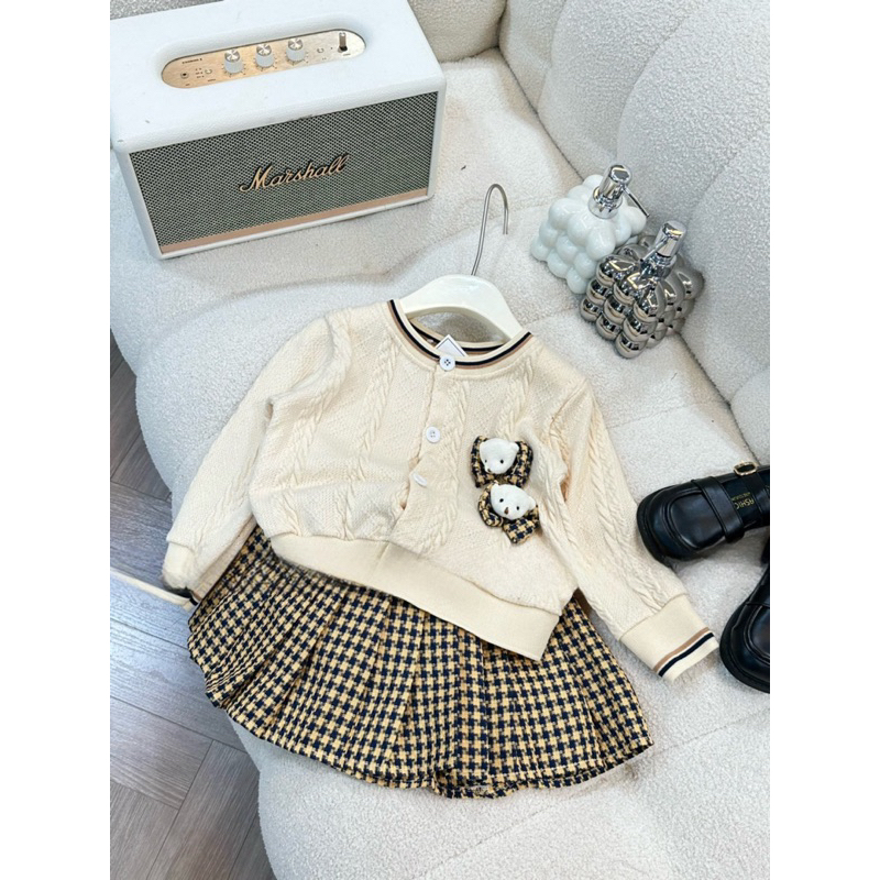 Váy bé gái, set váy thu đông bé gái áo len thừng gắn 2 áo kèm chân váy dạ xếp ly size bé 10-30kg