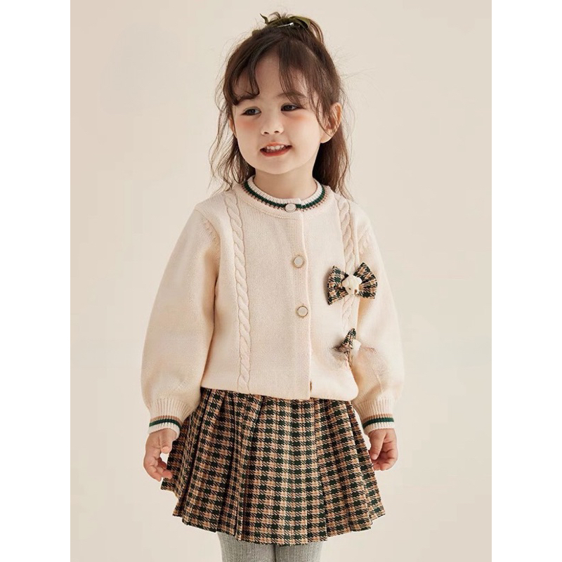 Váy bé gái, set váy thu đông bé gái áo len thừng gắn 2 áo kèm chân váy dạ xếp ly size bé 10-30kg