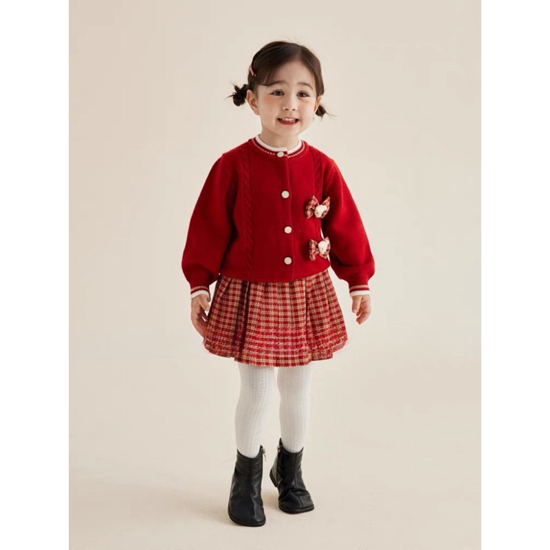 Váy bé gái, set váy thu đông bé gái áo len thừng gắn 2 áo kèm chân váy dạ xếp ly size bé 10-30kg