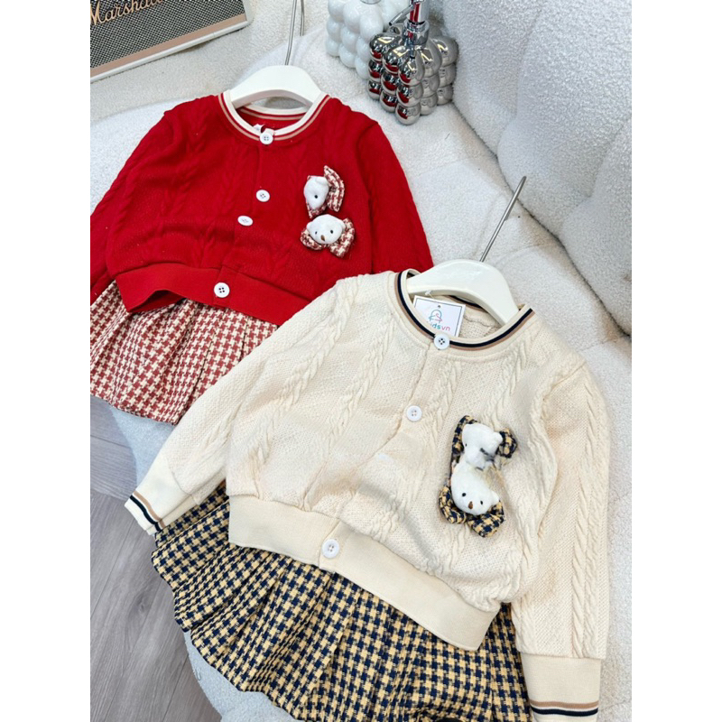 Váy bé gái, set váy thu đông bé gái áo len thừng gắn 2 áo kèm chân váy dạ xếp ly size bé 10-30kg