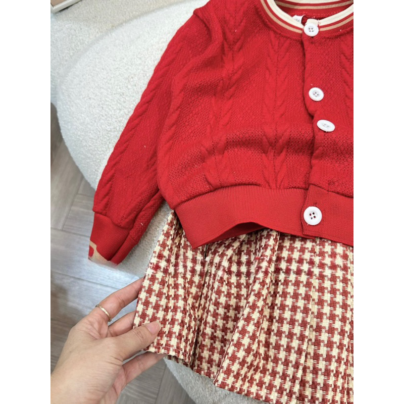 Váy bé gái, set váy thu đông bé gái áo len thừng gắn 2 áo kèm chân váy dạ xếp ly size bé 10-30kg