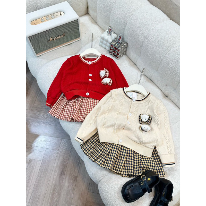 Váy bé gái, set váy thu đông bé gái áo len thừng gắn 2 áo kèm chân váy dạ xếp ly size bé 10-30kg