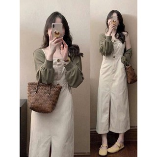 Set đầm kaki 2 dây xẻ tà kèm áo khoác thun gân tay dài,