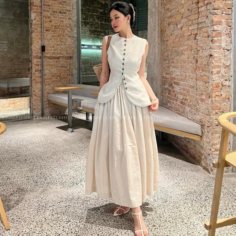 Áo vest không tay dáng lửng line dáng xoè thiết kế gài 1 hàng nút style thanh lịch