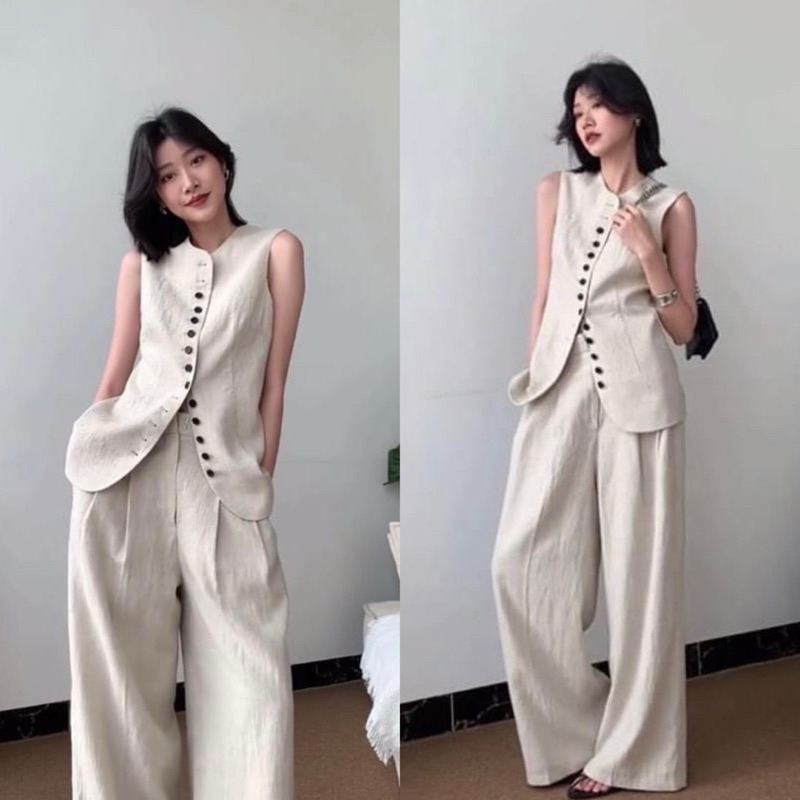 Áo vest không tay dáng lửng line dáng xoè thiết kế gài 1 hàng nút style thanh lịch