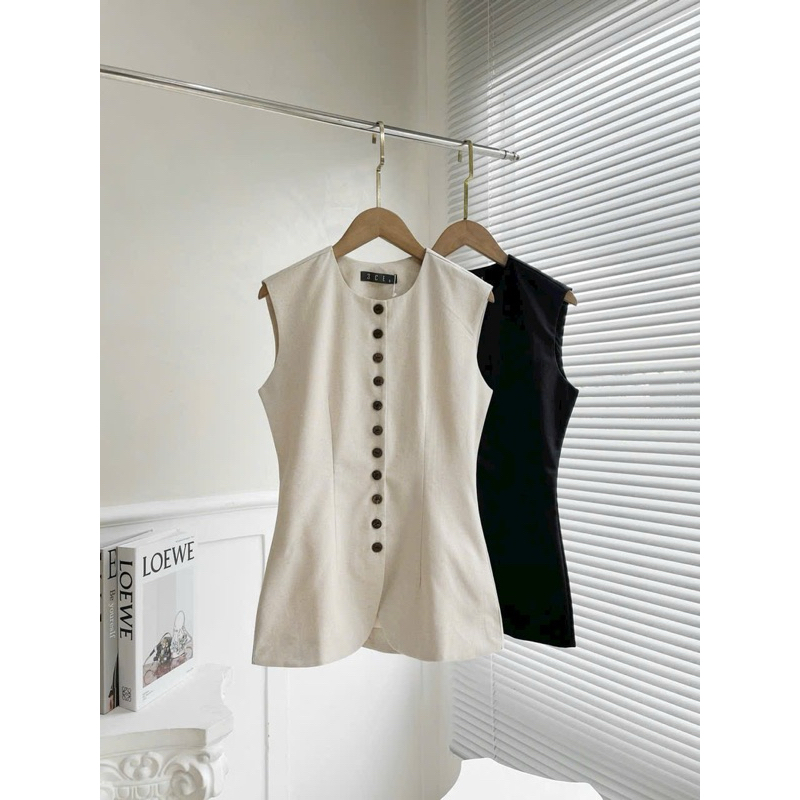 Áo vest không tay dáng lửng line dáng xoè thiết kế gài 1 hàng nút style thanh lịch