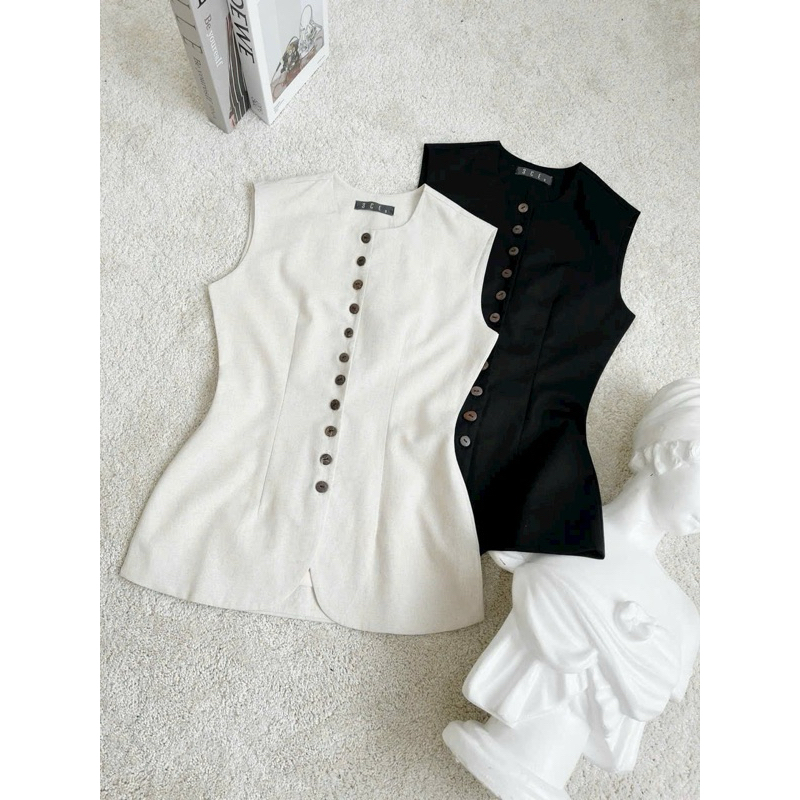 Áo vest không tay dáng lửng line dáng xoè thiết kế gài 1 hàng nút style thanh lịch