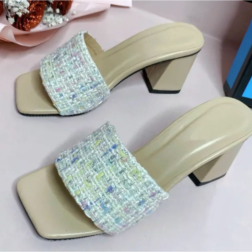 Dép nữ gót trụ vuông cao 7cm,bản quai ngang vải dạ siêu hót
