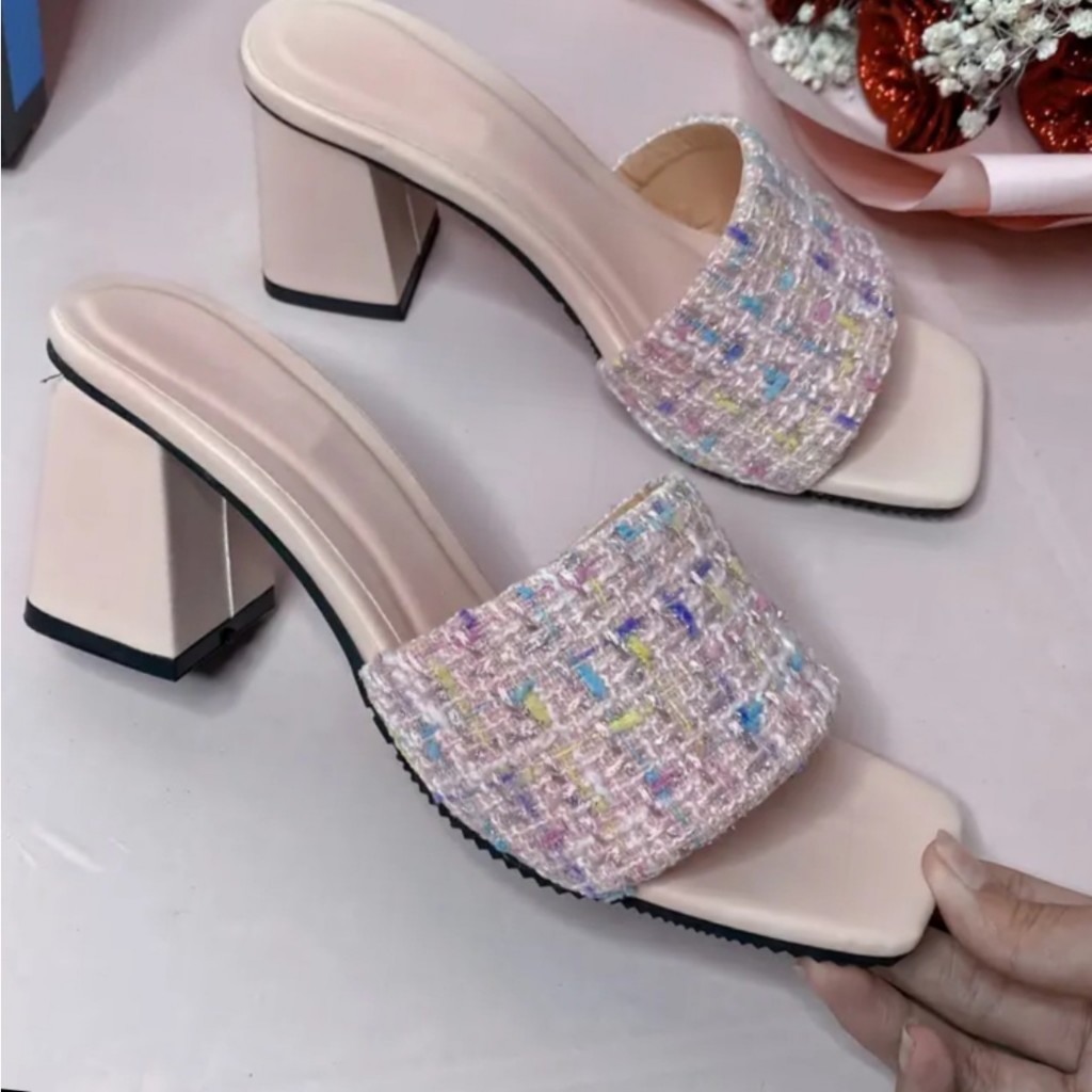 Dép nữ gót trụ vuông cao 7cm,bản quai ngang vải dạ siêu hót