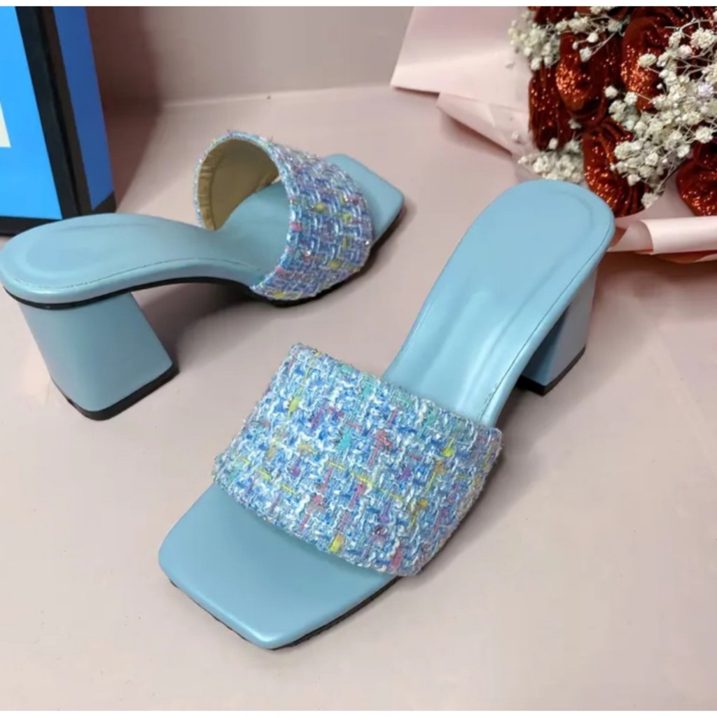 Dép nữ gót trụ vuông cao 7cm,bản quai ngang vải dạ siêu hót