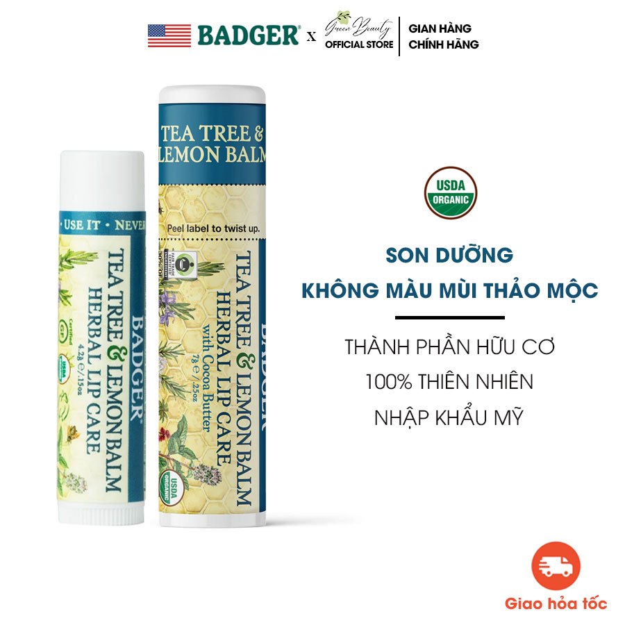 Son Dưỡng Hữu Cơ USDA Organic Dịu Môi Khô Nứt BADGER Tea Tree & Lemon Balm Herbal Lip Balm - Cocoa Butter An Toàn Mẹ Bầu