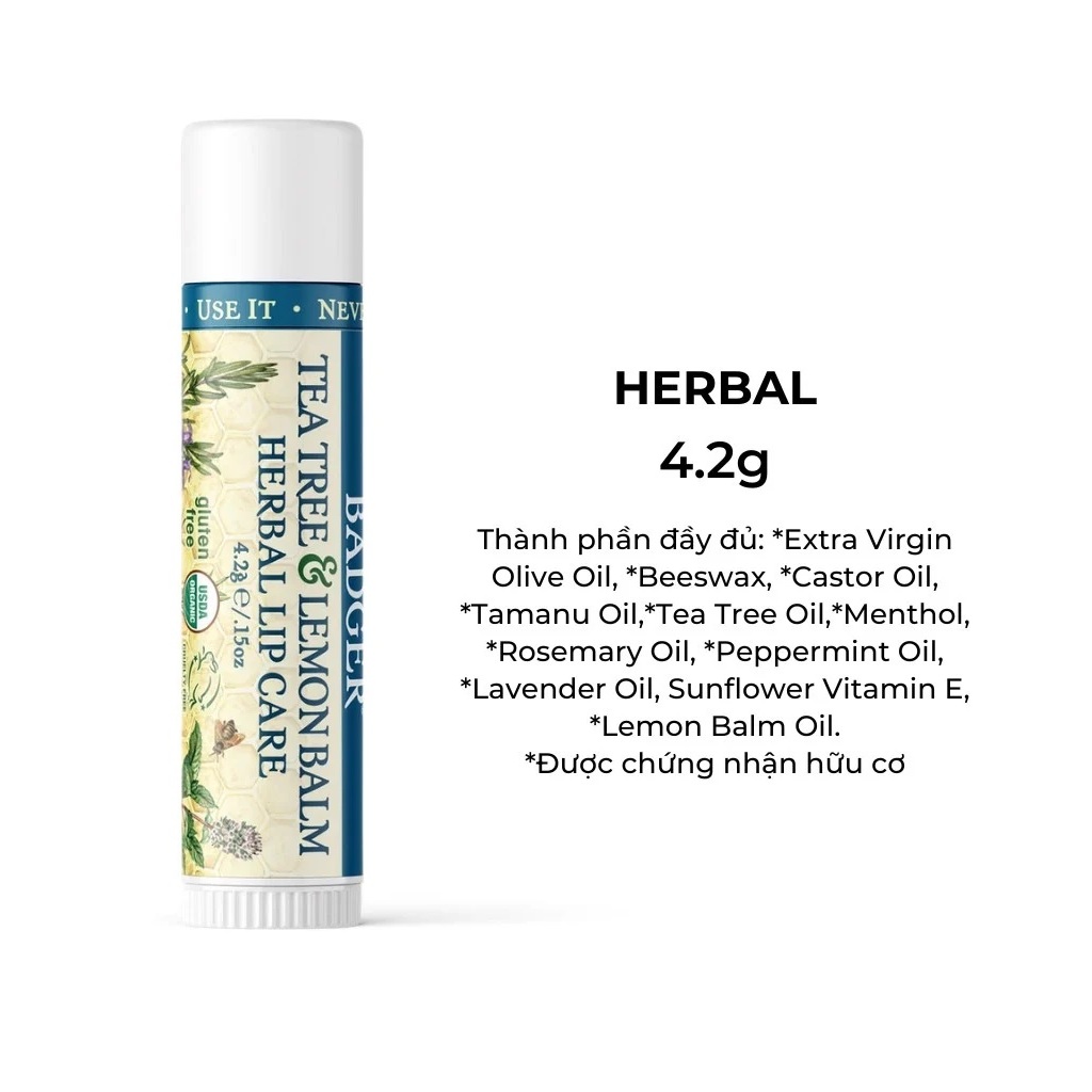 Son Dưỡng Hữu Cơ USDA Organic Dịu Môi Khô Nứt BADGER Tea Tree & Lemon Balm Herbal Lip Balm - Cocoa Butter An Toàn Mẹ Bầu