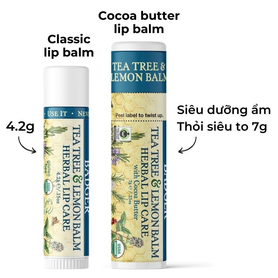 Son Dưỡng Hữu Cơ USDA Organic Dịu Môi Khô Nứt BADGER Tea Tree & Lemon Balm Herbal Lip Balm - Cocoa Butter An Toàn Mẹ Bầu