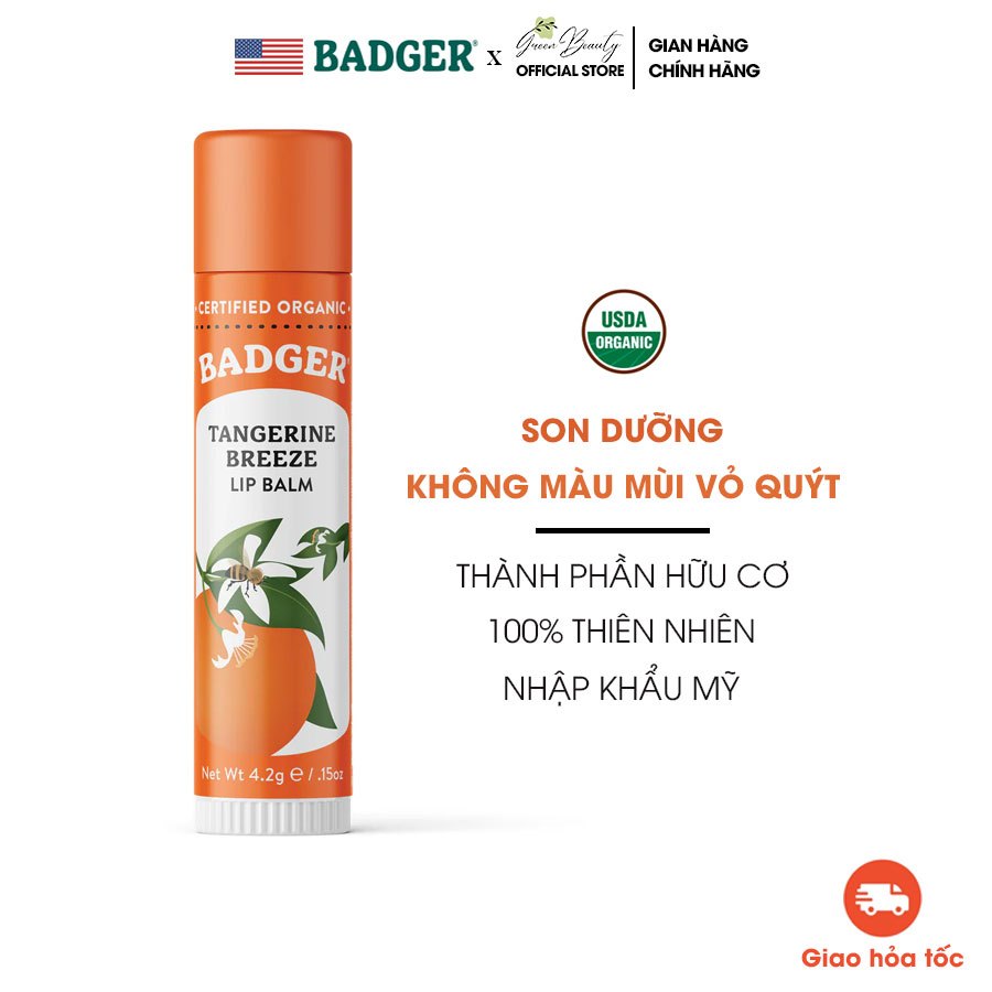 Son Dưỡng Môi Hữu Cơ Không Màu Mùi Quýt USDA Organic BADGER Tangerine Breeze Lip Balm - 4.2g Nhập Khẩu Mỹ An Toàn Mẹ Bầu
