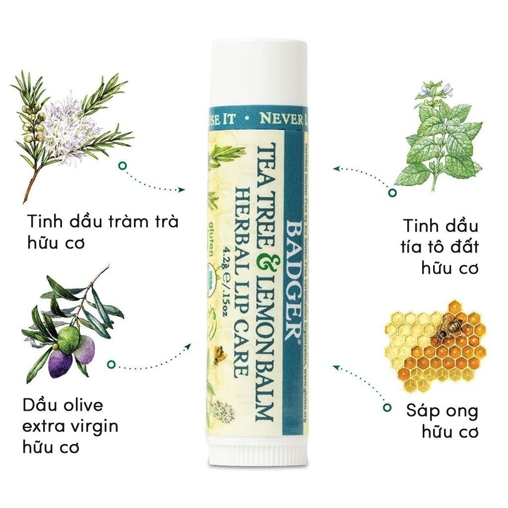 Son Dưỡng Hữu Cơ USDA Organic Dịu Môi Khô Nứt BADGER Tea Tree & Lemon Balm Herbal Lip Balm - Cocoa Butter An Toàn Mẹ Bầu