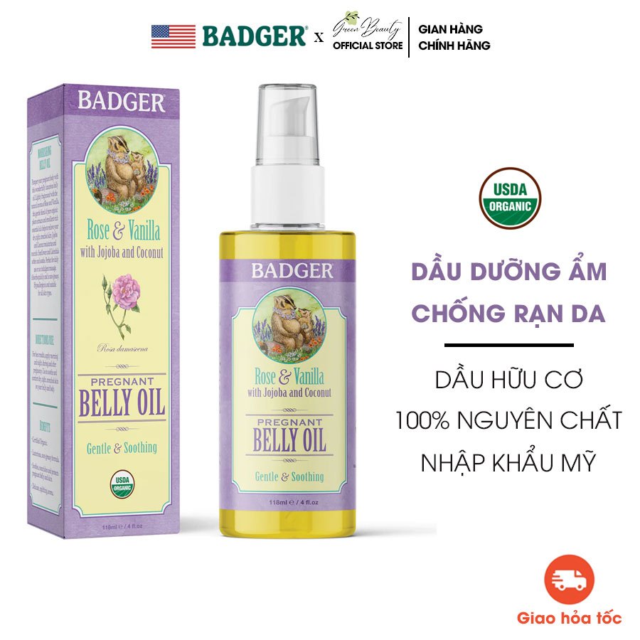 Dầu Dưỡng Chống Rạn Da Mẹ Bầu Phòng Ngừa Nứt Da Giảm Ngứa Thành Phần Hữu Cơ Lành Tính BADGER Organic Belly Oil 118mL