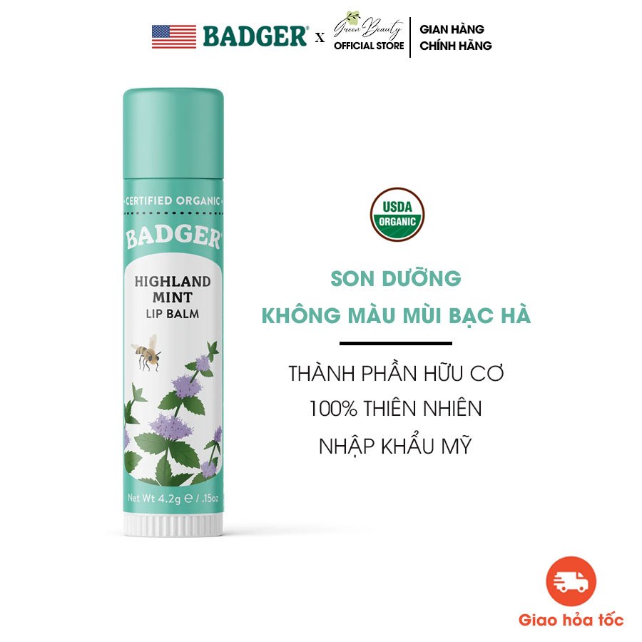 Son Dưỡng Môi Không Màu Mùi Bạc Hà Thành Phần Hữu Cơ USDA Organic An Toàn Lành Tính Highland Mint BADGER Lip Balm - 4.2g
