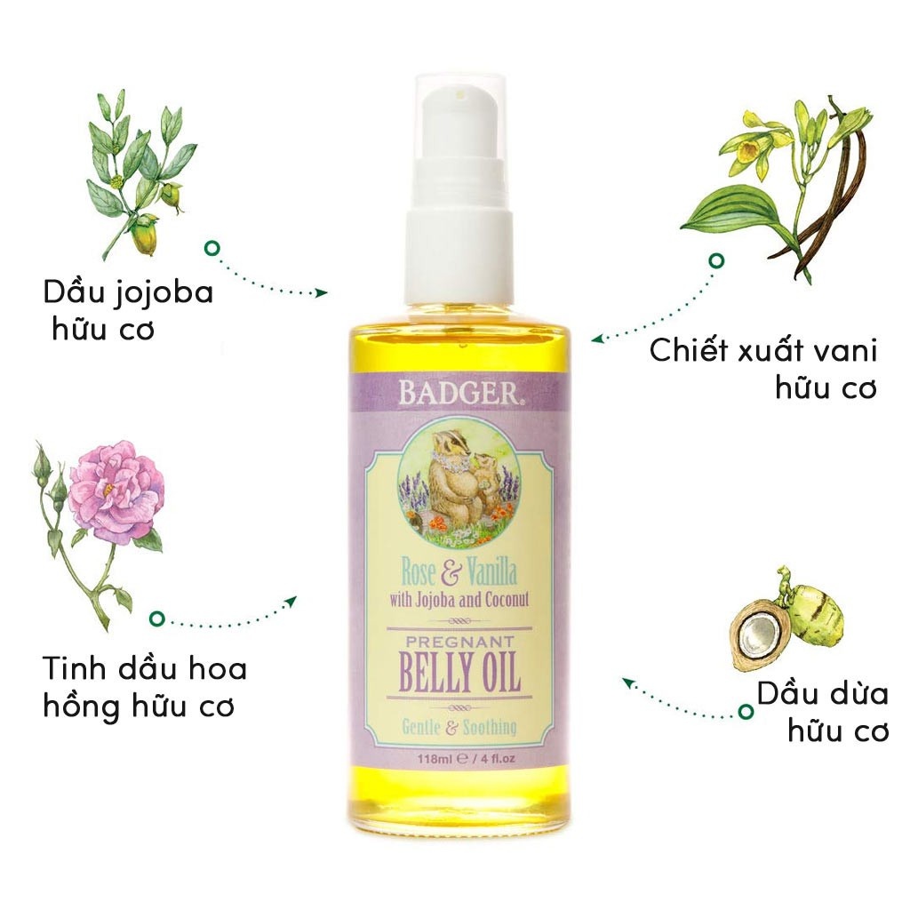 Dầu Dưỡng Chống Rạn Da Mẹ Bầu Phòng Ngừa Nứt Da Giảm Ngứa Thành Phần Hữu Cơ Lành Tính BADGER Organic Belly Oil 118mL