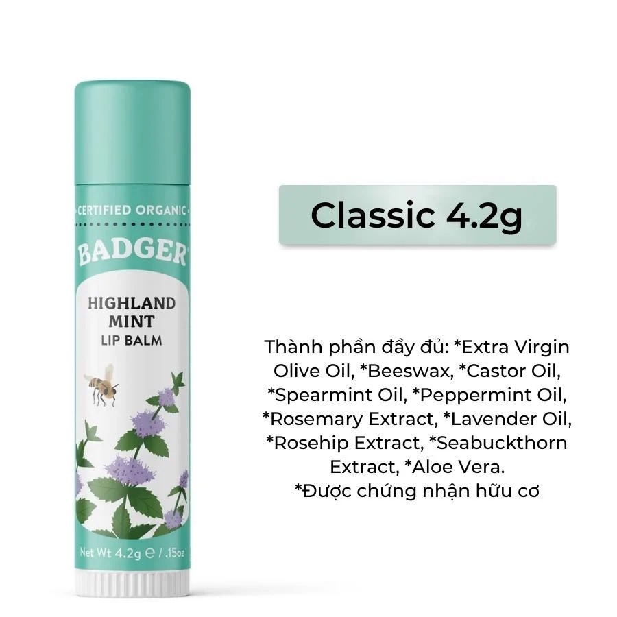 Son Dưỡng Môi Không Màu Mùi Bạc Hà Thành Phần Hữu Cơ USDA Organic An Toàn Lành Tính Highland Mint BADGER Lip Balm - 4.2g