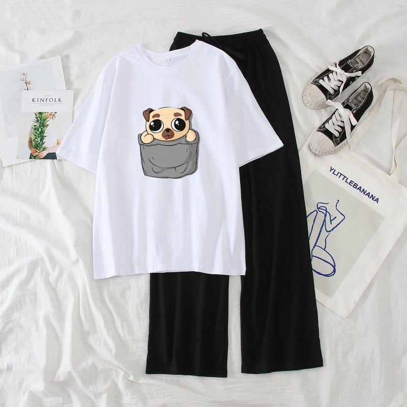 Set bộ áo kèm quần . set áo kute + quần suông hách dài chân che khuyết điểm bụng to, chân ngắn. Size S-M-L