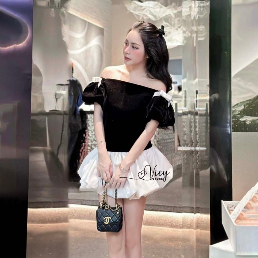 Set váy bí kèm áo nhung trễ vai đính nơ dễ thương, set đồ nữ phong cách sang chảnh đi chơi dạo phố VICY SEBI01