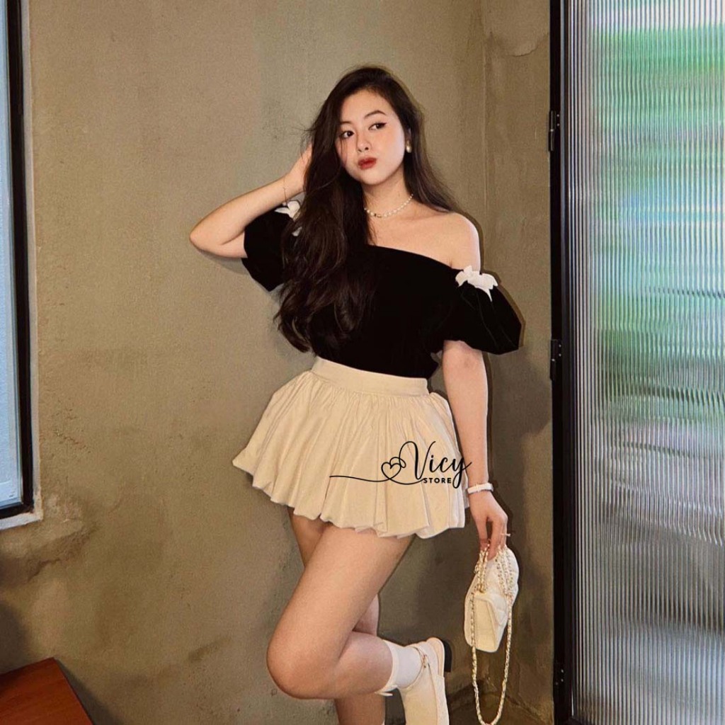 Set váy bí kèm áo nhung trễ vai đính nơ dễ thương, set đồ nữ phong cách sang chảnh đi chơi dạo phố VICY SEBI01