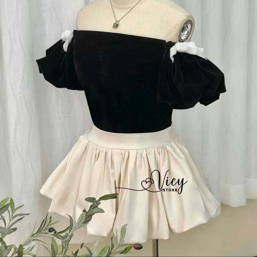 Set váy bí kèm áo nhung trễ vai đính nơ dễ thương, set đồ nữ phong cách sang chảnh đi chơi dạo phố VICY SEBI01
