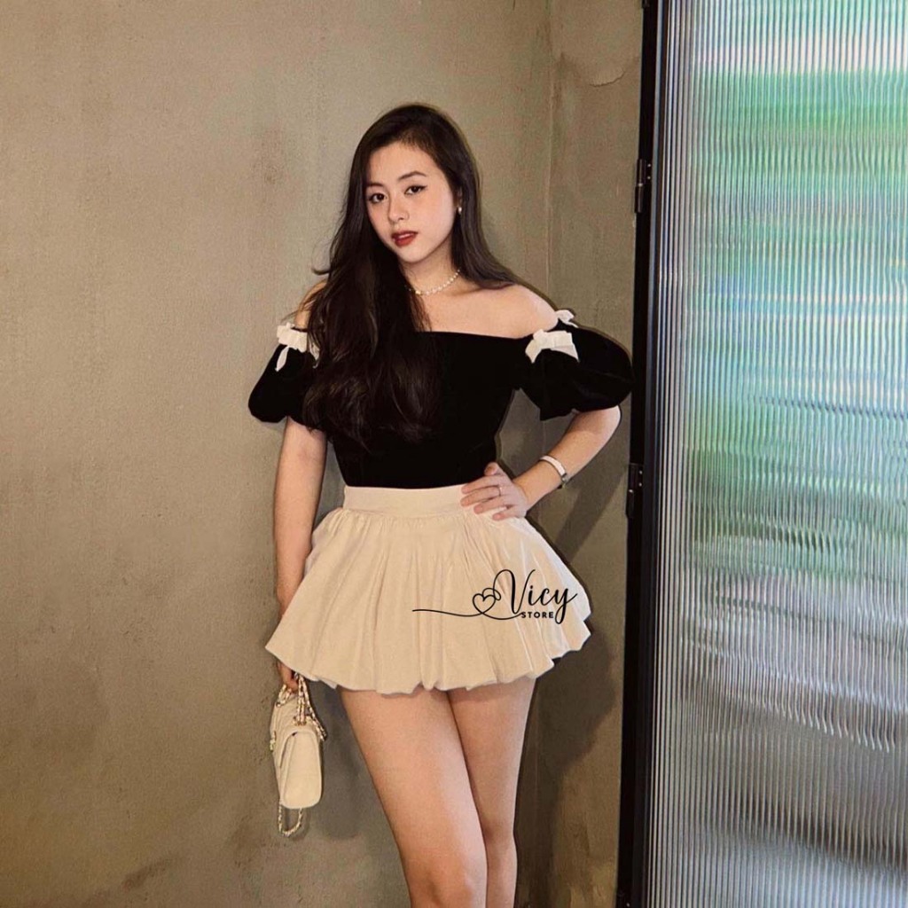 Set váy bí kèm áo nhung trễ vai đính nơ dễ thương, set đồ nữ phong cách sang chảnh đi chơi dạo phố VICY SEBI01