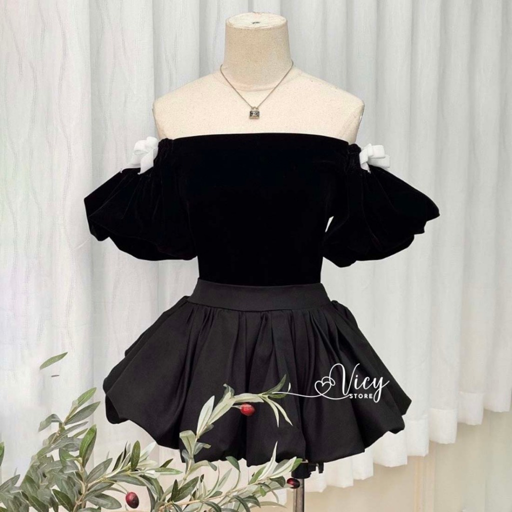 Set váy bí kèm áo nhung trễ vai đính nơ dễ thương, set đồ nữ phong cách sang chảnh đi chơi dạo phố VICY SEBI01