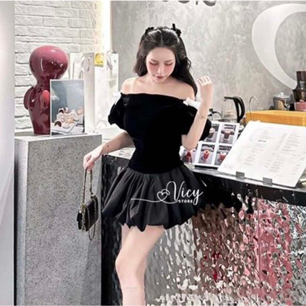Set váy bí kèm áo nhung trễ vai đính nơ dễ thương, set đồ nữ phong cách sang chảnh đi chơi dạo phố VICY SEBI01