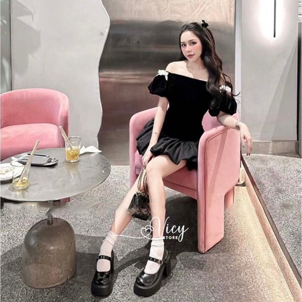Set váy bí kèm áo nhung trễ vai đính nơ dễ thương, set đồ nữ phong cách sang chảnh đi chơi dạo phố VICY SEBI01