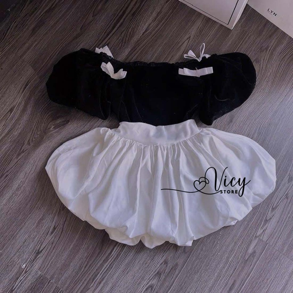 Set váy bí kèm áo nhung trễ vai đính nơ dễ thương, set đồ nữ phong cách sang chảnh đi chơi dạo phố VICY SEBI01