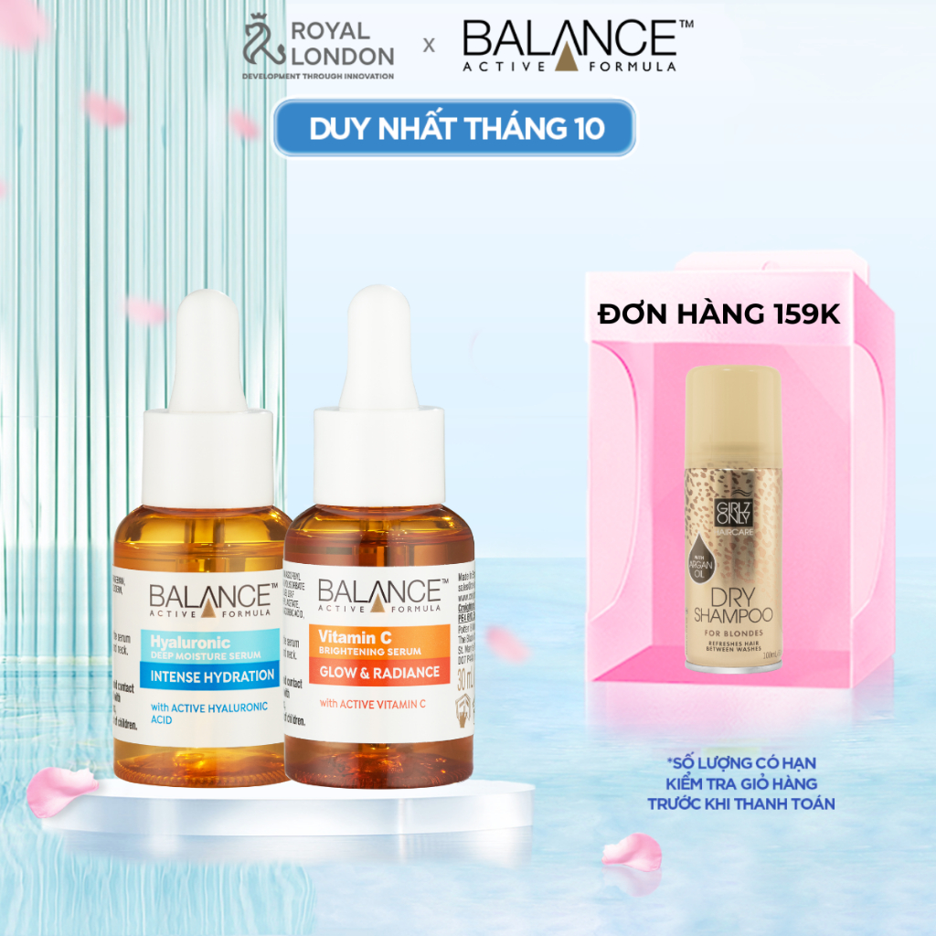 Combo trắng da căng mượt serum Vitamin C + serum Hyaluronic Balance Active Formula 30ml/ chai