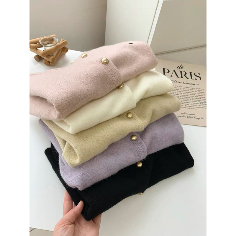 Áo Khoác Len Cadigan Thêu Hình Nấm / Gấu bear Cổ Tròn Basic Retro Phong Cách Hàn Quốc