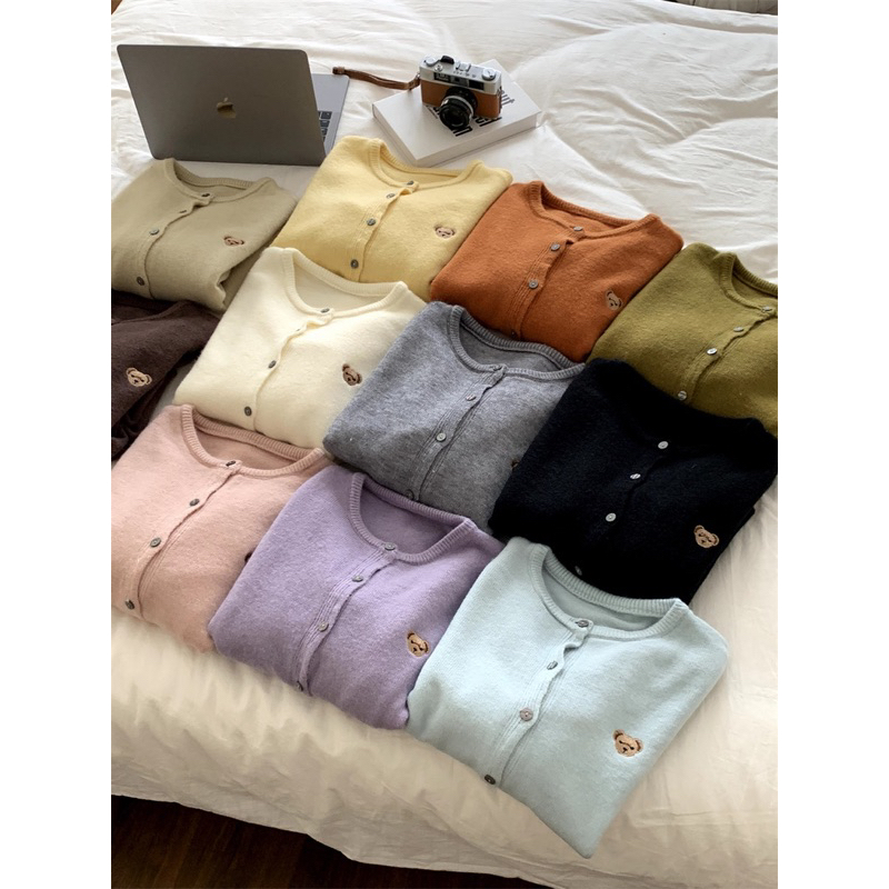 Áo Khoác Len Cadigan Thêu Hình Nấm / Gấu bear Cổ Tròn Basic Retro Phong Cách Hàn Quốc