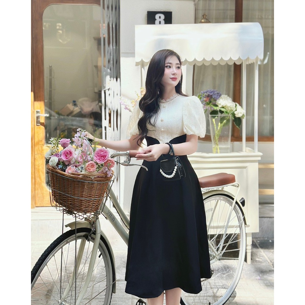 Khâu váy thiết kế ren phối đen xòe tuyết mưa phối ren nhẹ phù hợp đi làm đi chơi